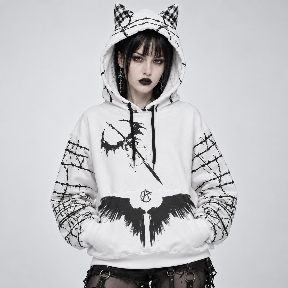Damen-Sweatshirt Grunge Goth mit Katzenohren | Anarchy Cat Escape | 230 GSM