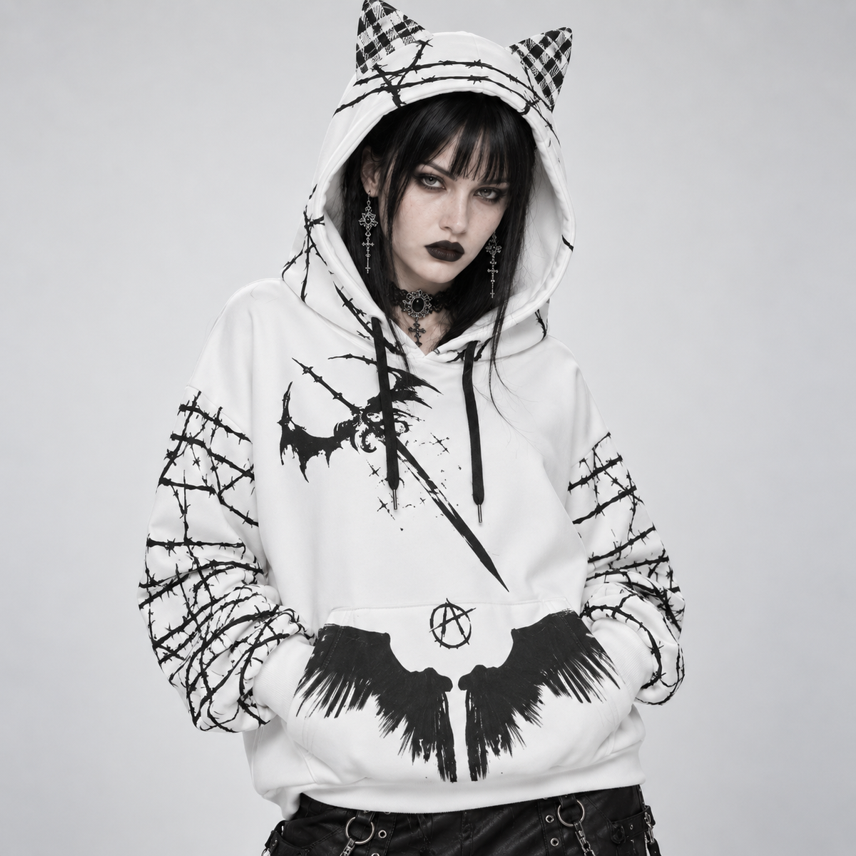 Damen-Sweatshirt Grunge Goth mit Katzenohren | Anarchy Cat Escape | 230 GSM