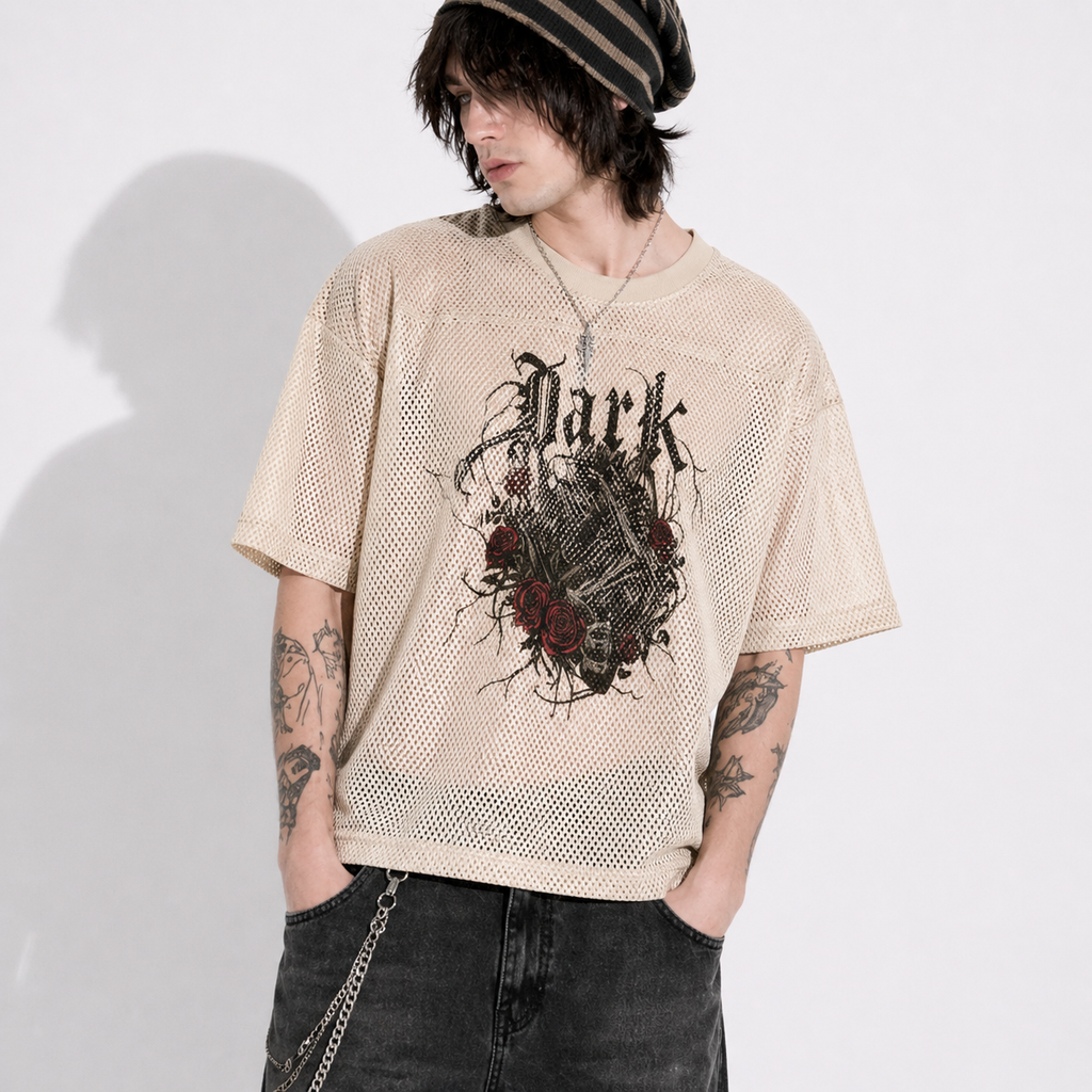 Mesh-Shirt Grunge Goth Dark Rose – Oversize Streetwear | Netz-T-Shirt mit Totenkopf | Alt Aesthetic