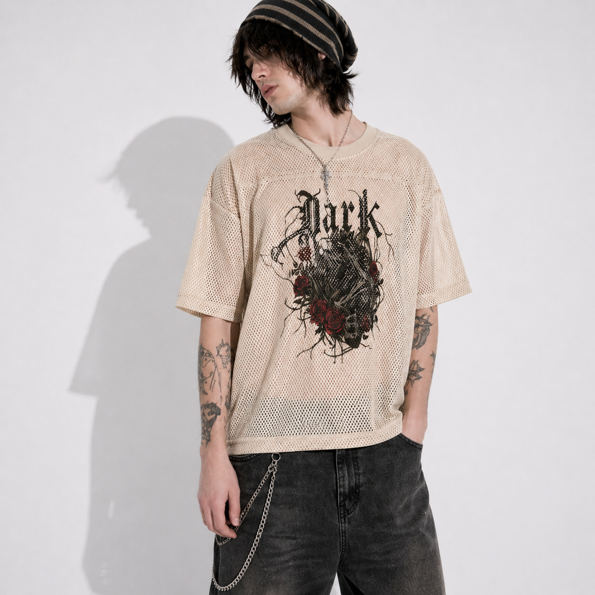 Mesh-Shirt Grunge Goth Dark Rose – Oversize Streetwear | Netz-T-Shirt mit Totenkopf | Alt Aesthetic