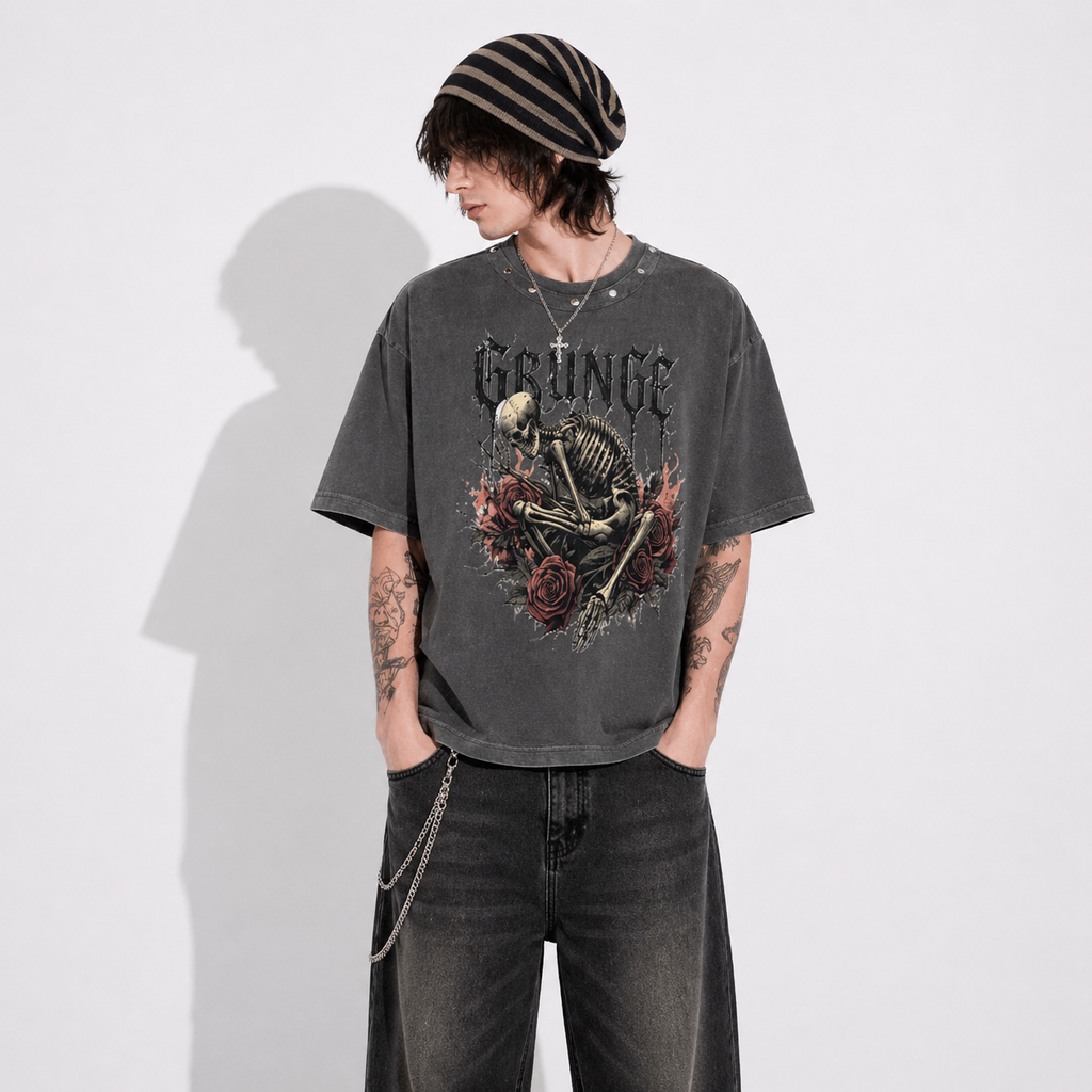 T-Shirt Grunge Aesthetic Skelett Krone – Gewaschenes Grau Distressed | Dark Streetwear | Heavy Cotton Style