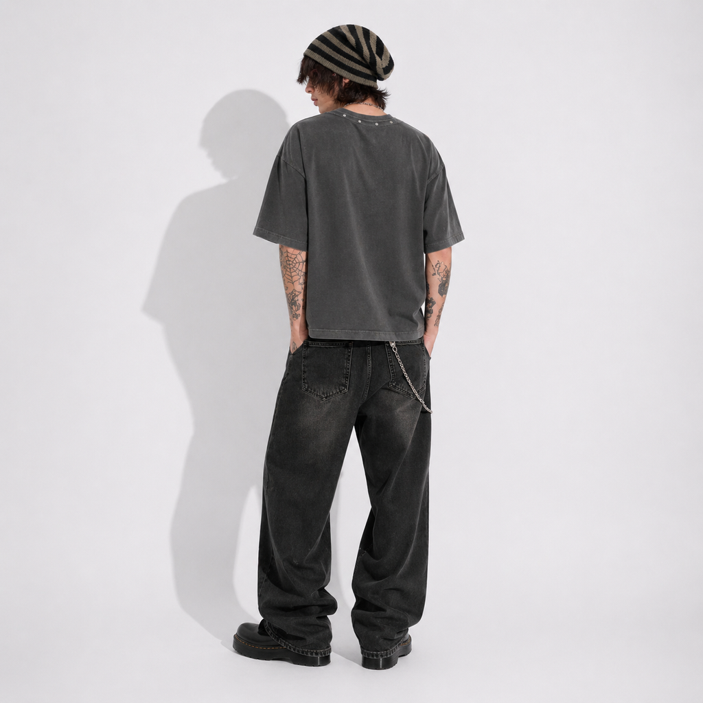 T-Shirt Grunge Aesthetic Skelett Krone – Gewaschenes Grau Distressed | Dark Streetwear | Heavy Cotton Style
