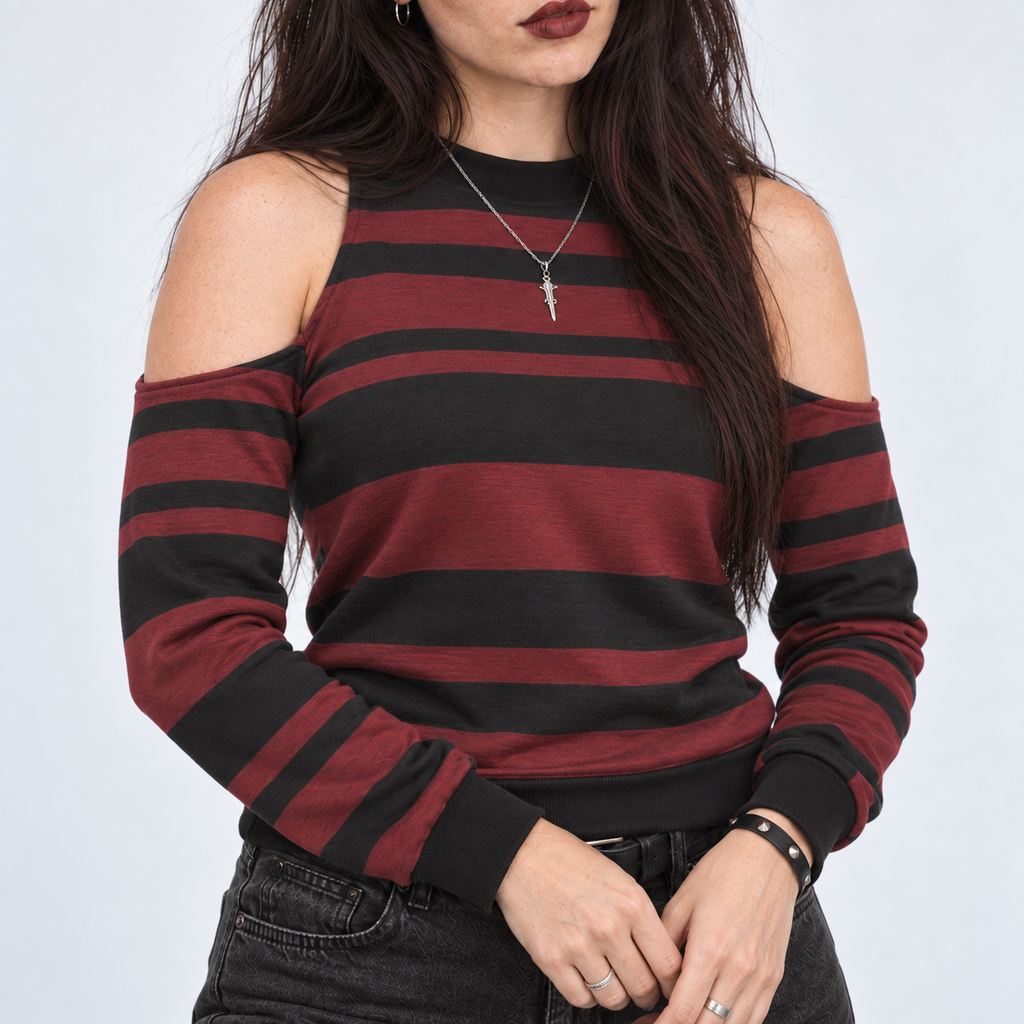 Damen-Grunge-Pullover mit kalten Schultern und Streifen | Crimson Riot – 230 GSM