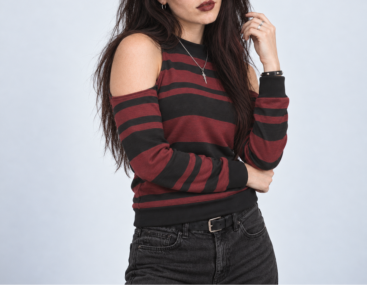 Damen-Grunge-Pullover mit kalten Schultern und Streifen | Crimson Riot – 230 GSM