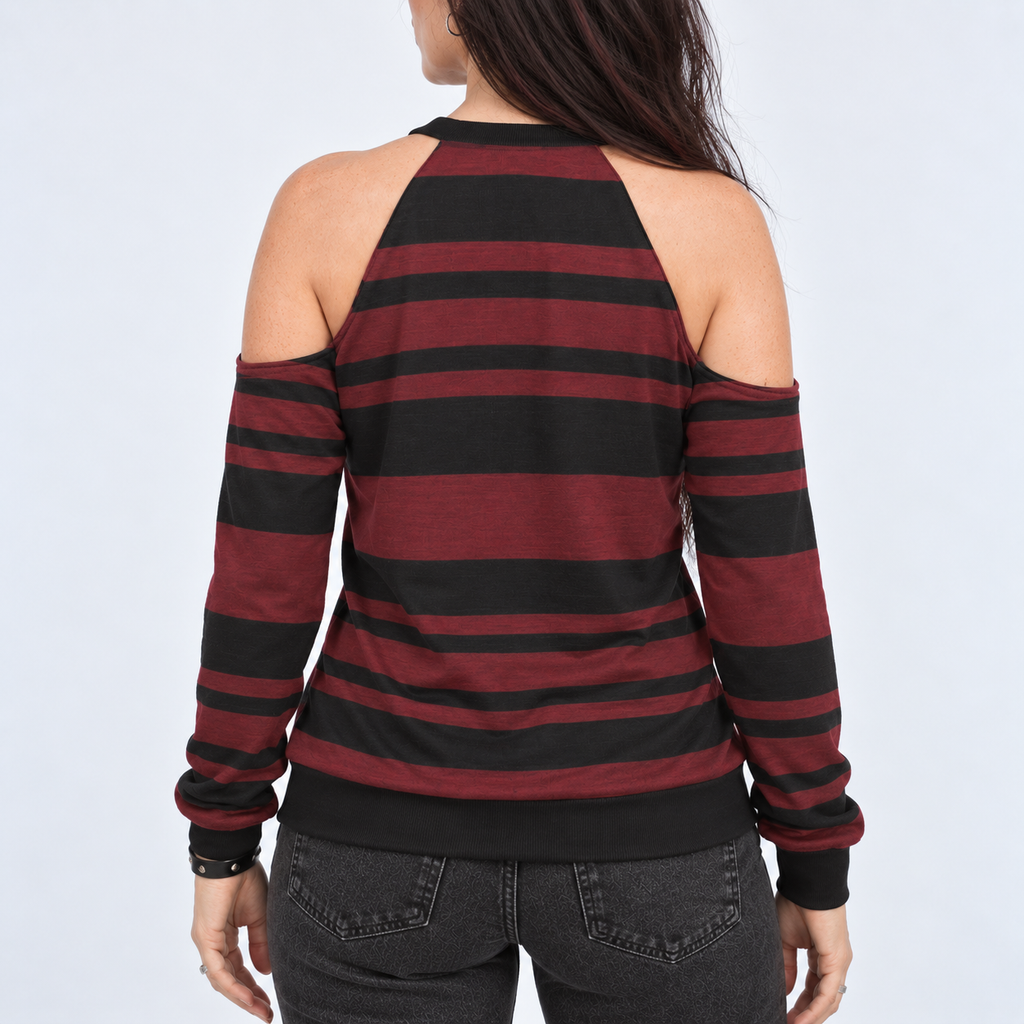 Damen-Grunge-Pullover mit kalten Schultern und Streifen | Crimson Riot – 230 GSM