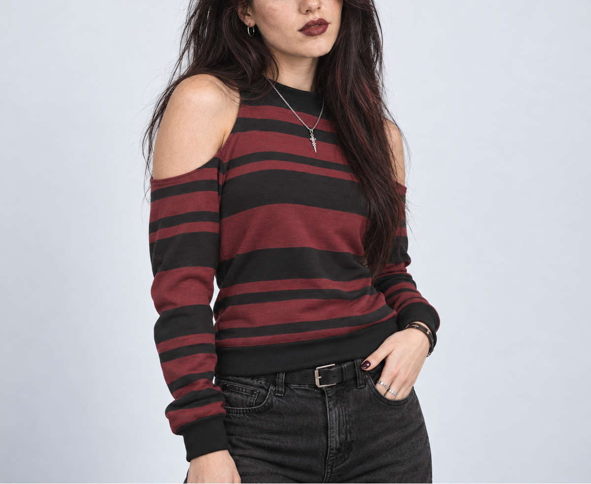Damen-Grunge-Pullover mit kalten Schultern und Streifen | Crimson Riot – 230 GSM
