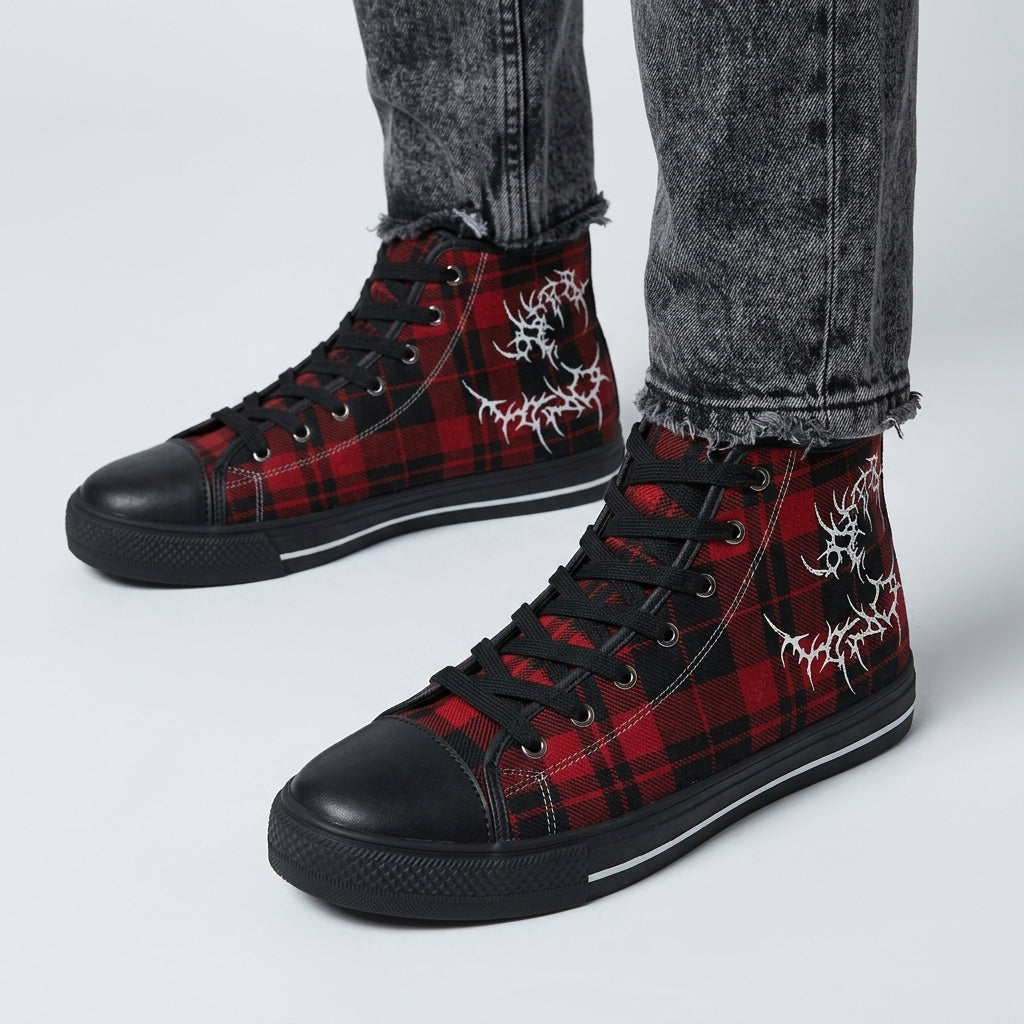 Herren Punk-Sneaker mit rotem Schottenmuster | Tartan Grunge High-Top