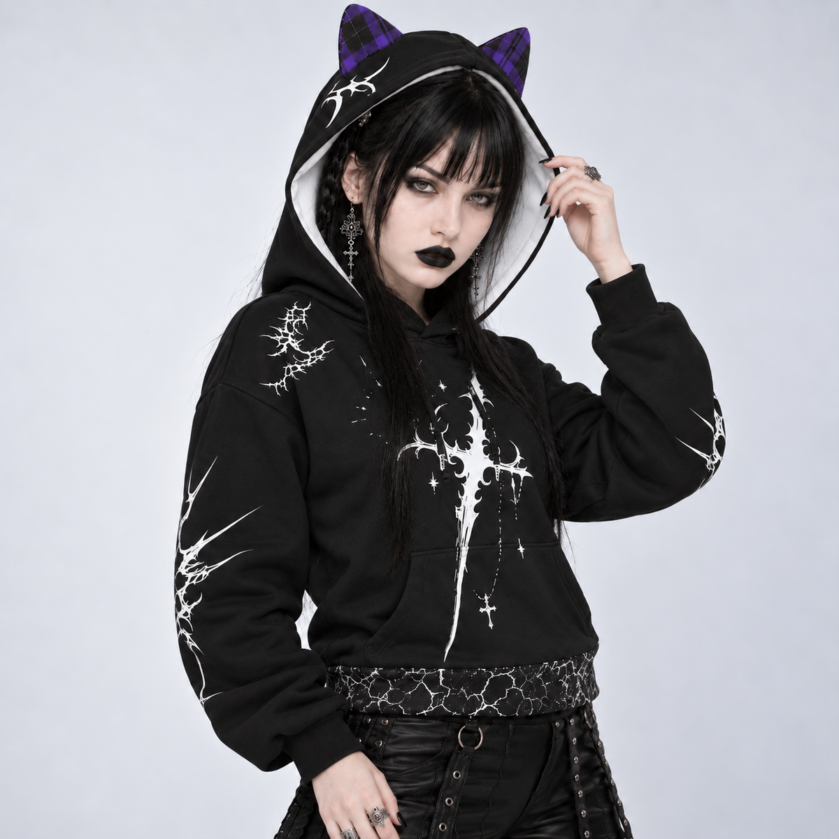 Gotischer Harajuku-Hoodie mit Ohren | Skelettrücken – 230 GSM