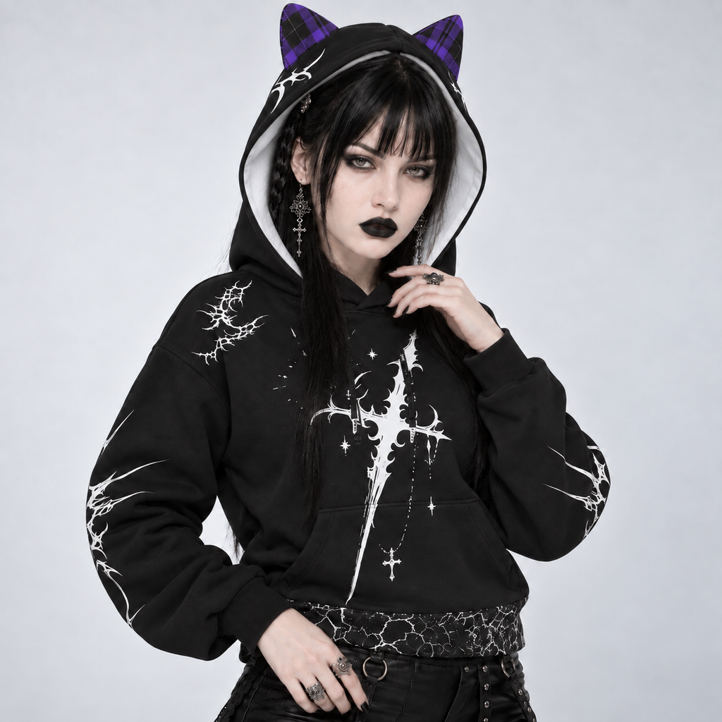 Gotischer Harajuku-Hoodie mit Ohren | Skelettrücken – 230 GSM