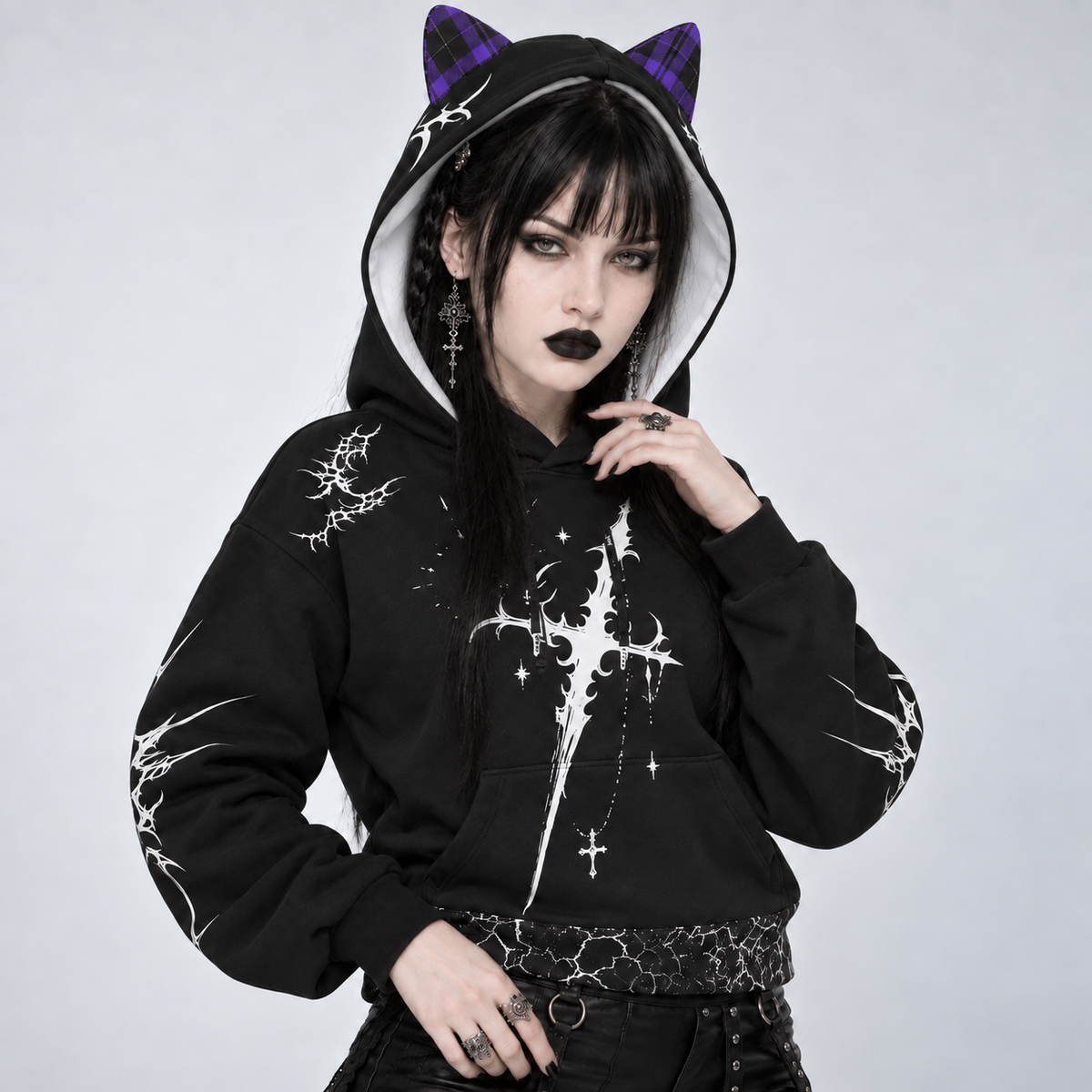Gotischer Harajuku-Hoodie mit Ohren | Skelettrücken – 230 GSM