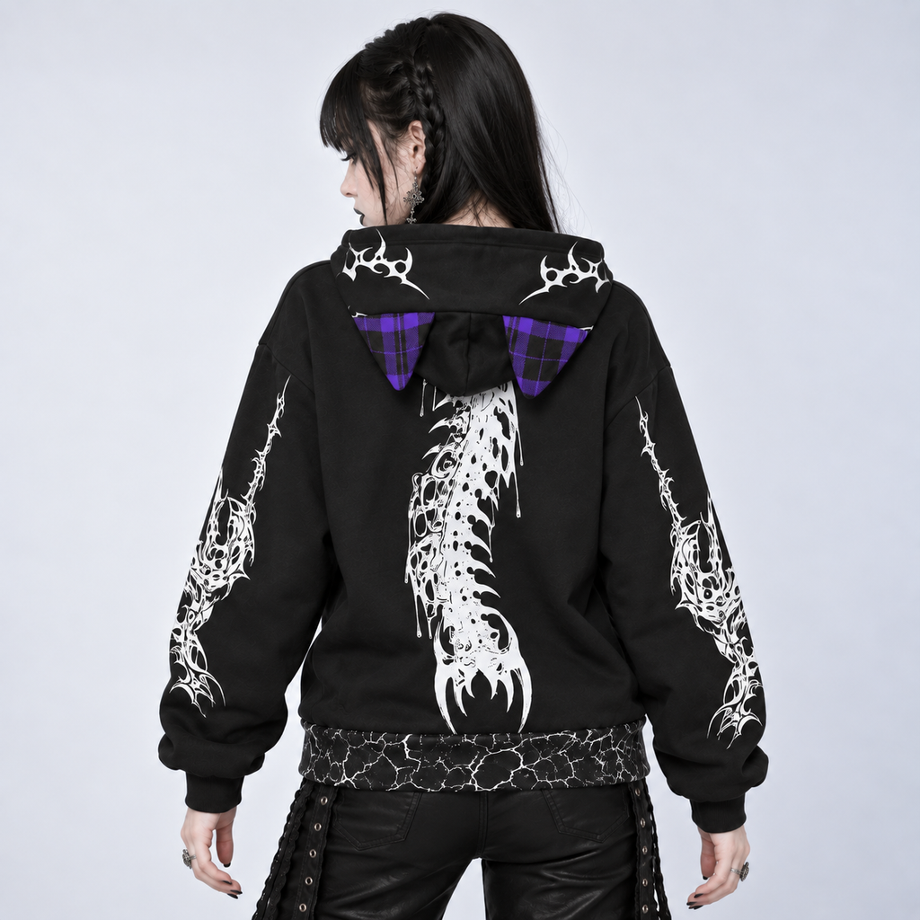 Gotischer Harajuku-Hoodie mit Ohren | Skelettrücken – 230 GSM