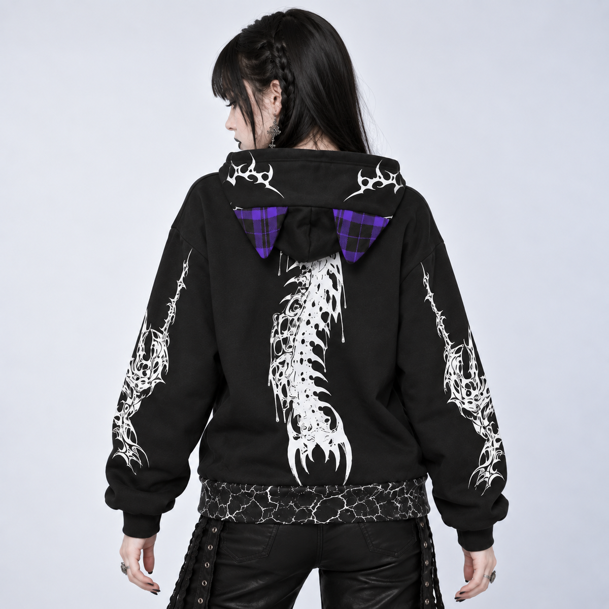 Gotischer Harajuku-Hoodie mit Ohren | Skelettrücken – 230 GSM