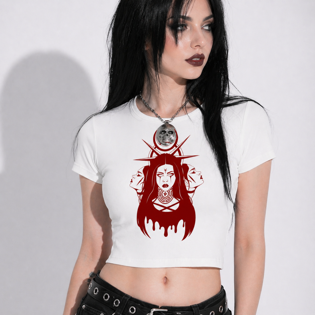 Gotisches Crop-Top mit Schleife | Lolita Bloodly Witchy | Baumwollmischgewebe 250 g/m²