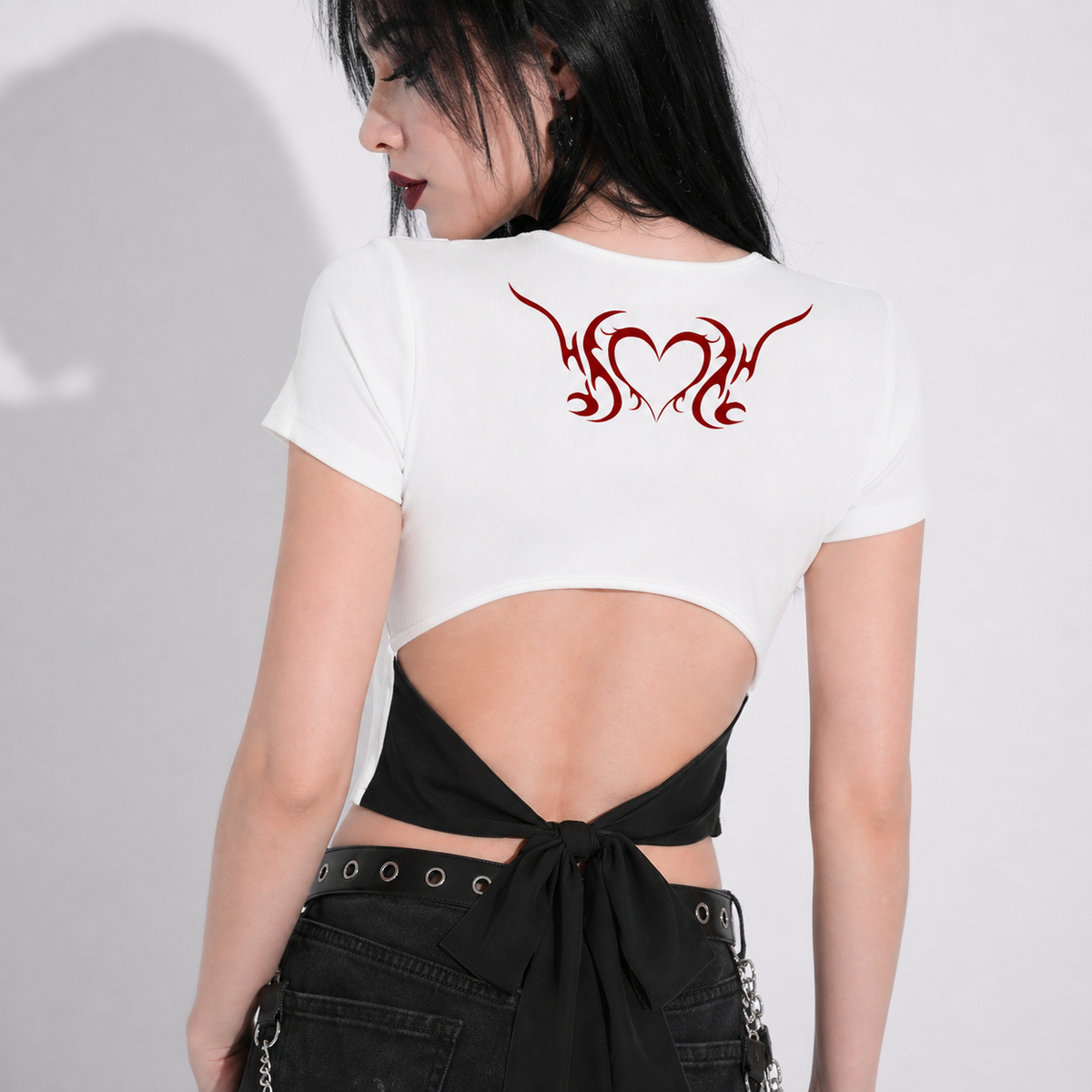 Gotisches Crop-Top mit Schleife | Lolita Bloodly Witchy | Baumwollmischgewebe 250 g/m²