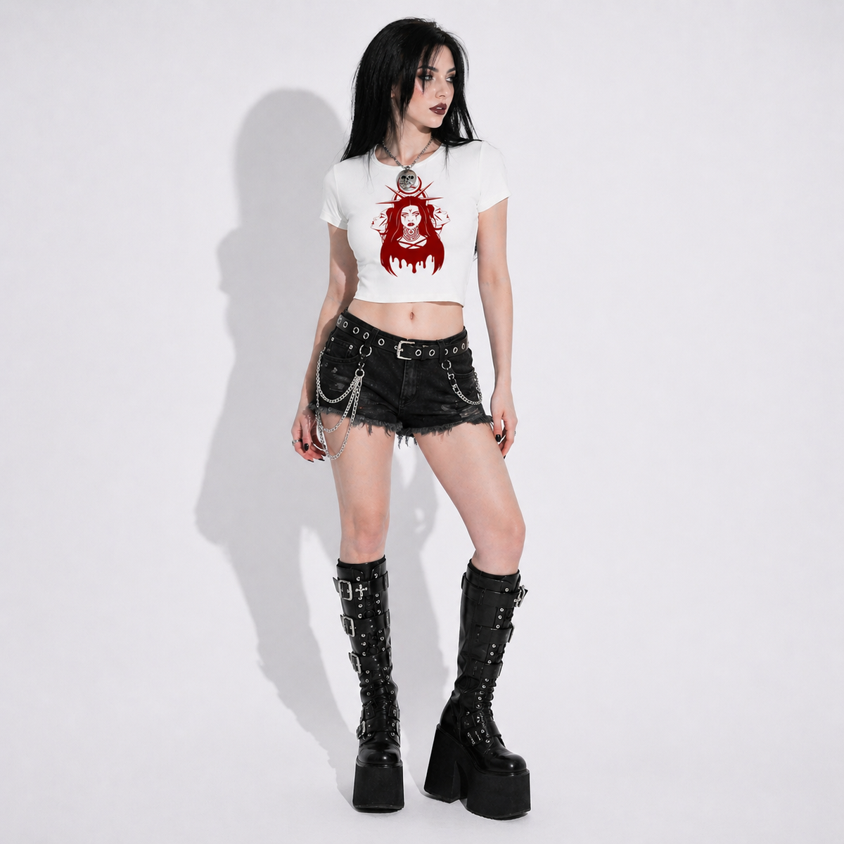 Gotisches Crop-Top mit Schleife | Lolita Bloodly Witchy | Baumwollmischgewebe 250 g/m²