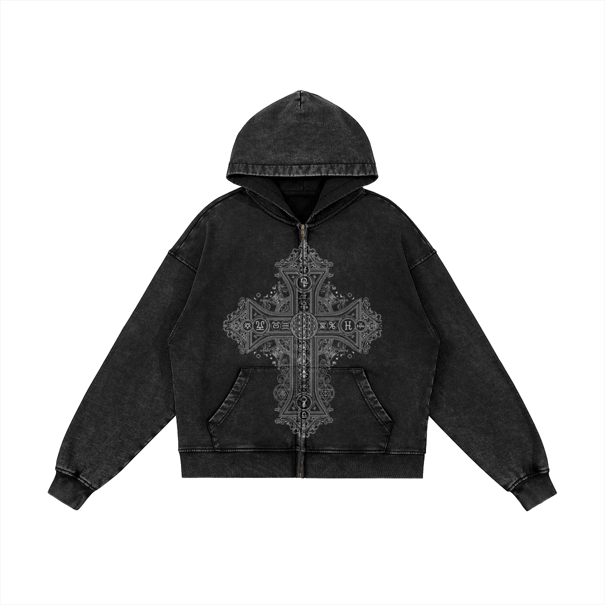 Gotischer Unisex-Kapuzenpullover mit Reißverschluss Mystic Gothic Cross Baumwolle 440 g/m²