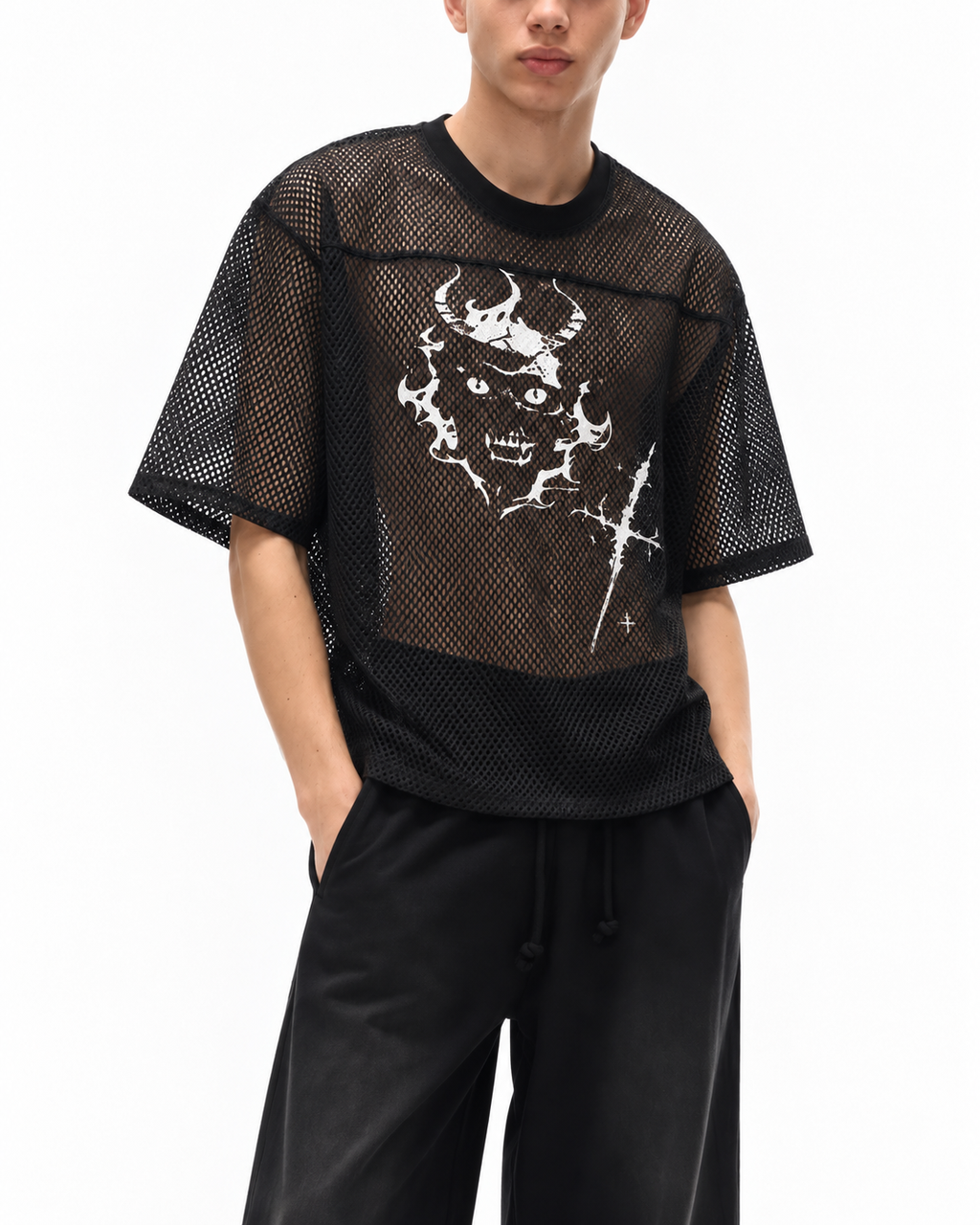 Gotisches Oversize-Mesh-Shirt | Demoncore Black – 260 GSM