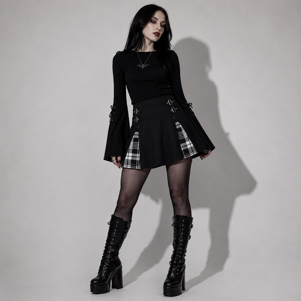 Punk Goth Minirock mit Karomuster und Schnallen | Dark Academia Karo-Rock