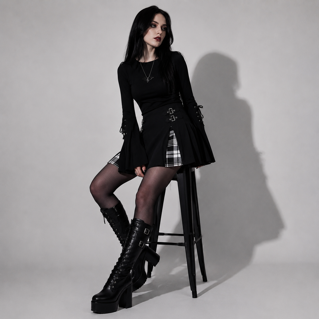 Punk Goth Minirock mit Karomuster und Schnallen | Dark Academia Karo-Rock