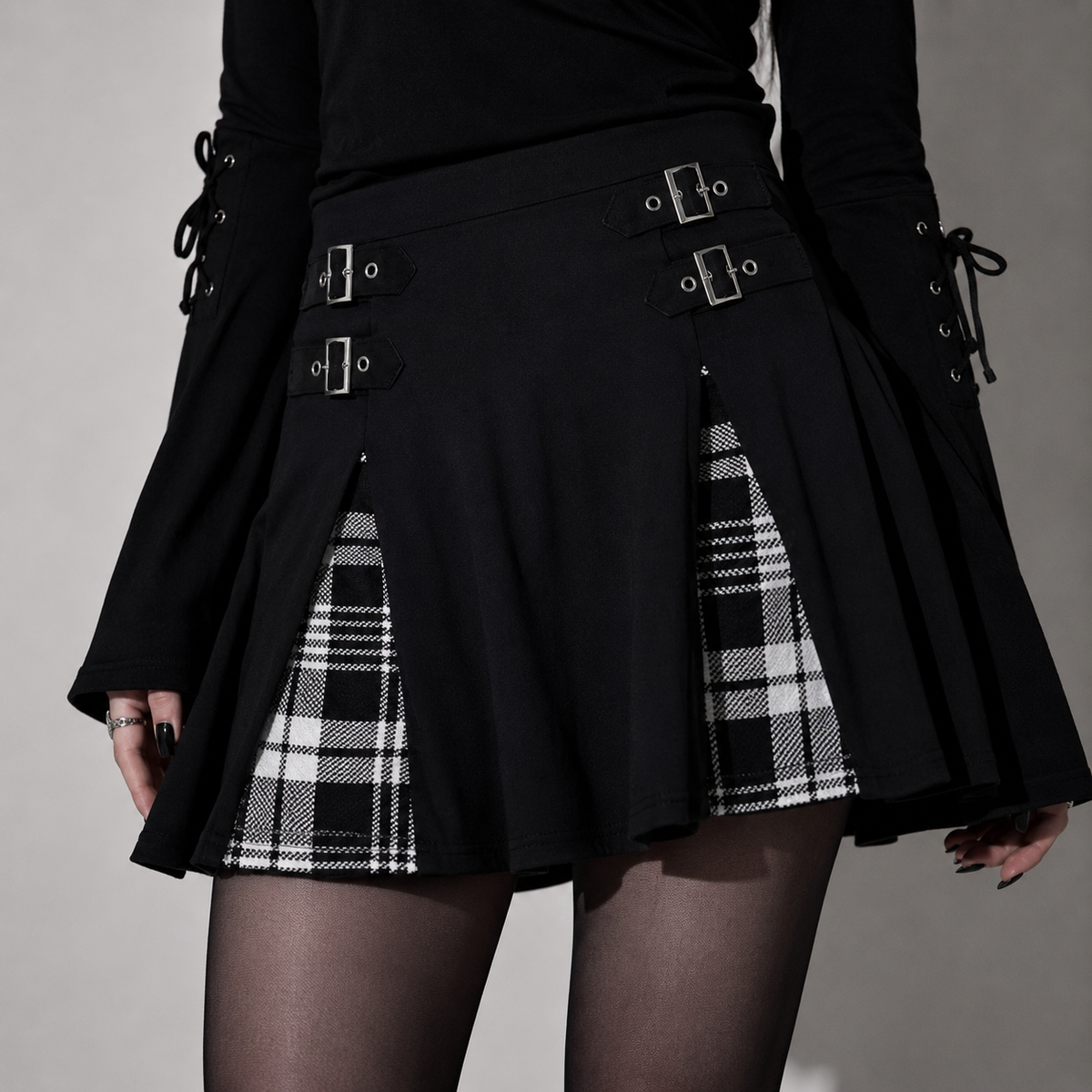 Punk Goth Minirock mit Karomuster und Schnallen | Dark Academia Karo-Rock