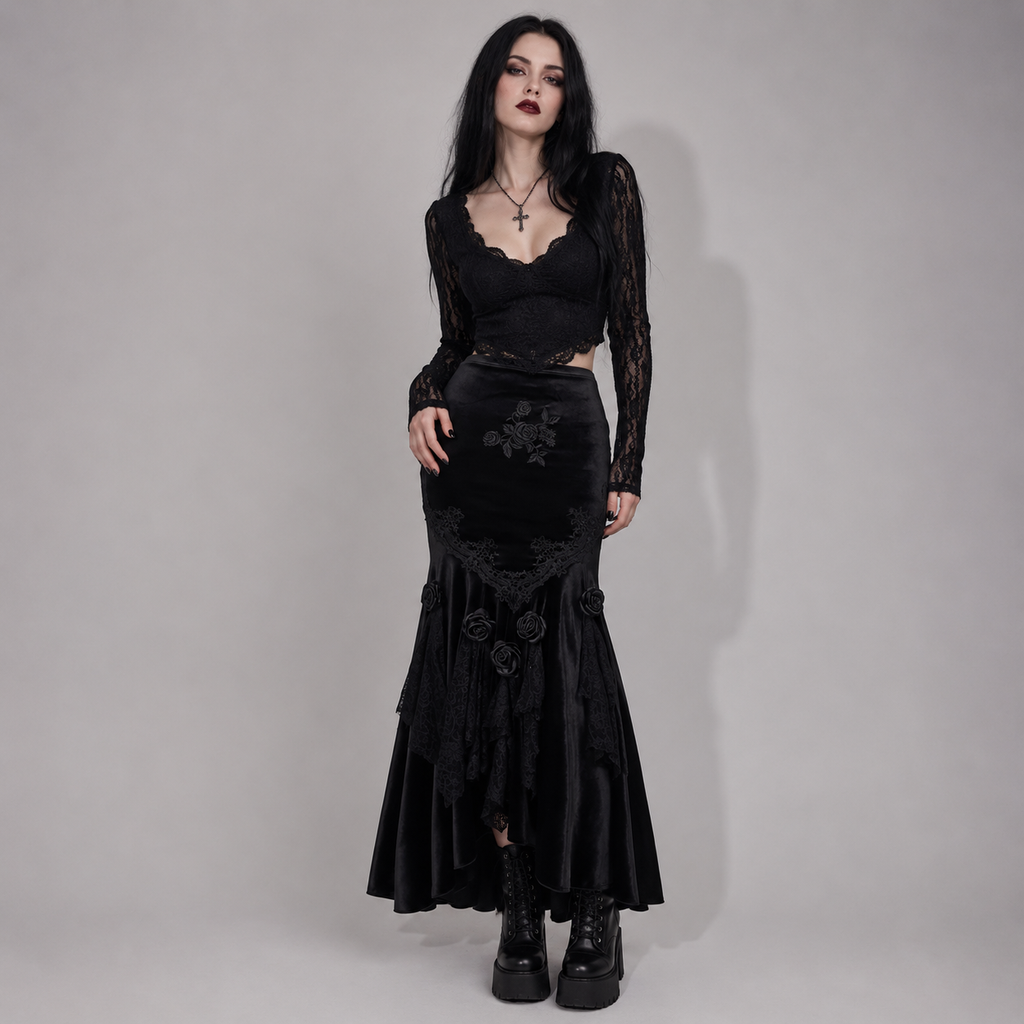 Romantischer Gothic-Maxirock | Midnight Rose Elegance | Dark Rose Spell