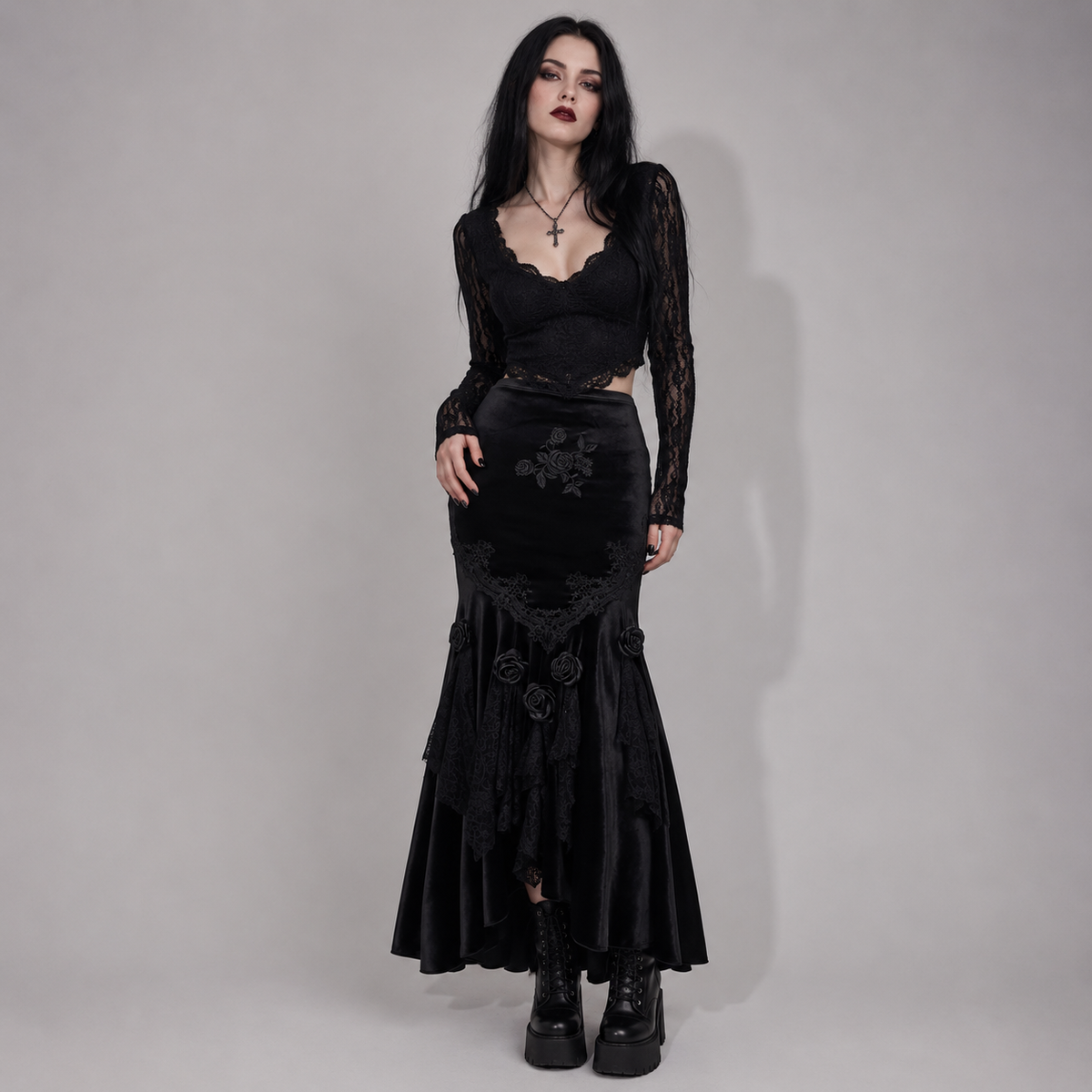 Romantischer Gothic-Maxirock | Midnight Rose Elegance | Dark Rose Spell