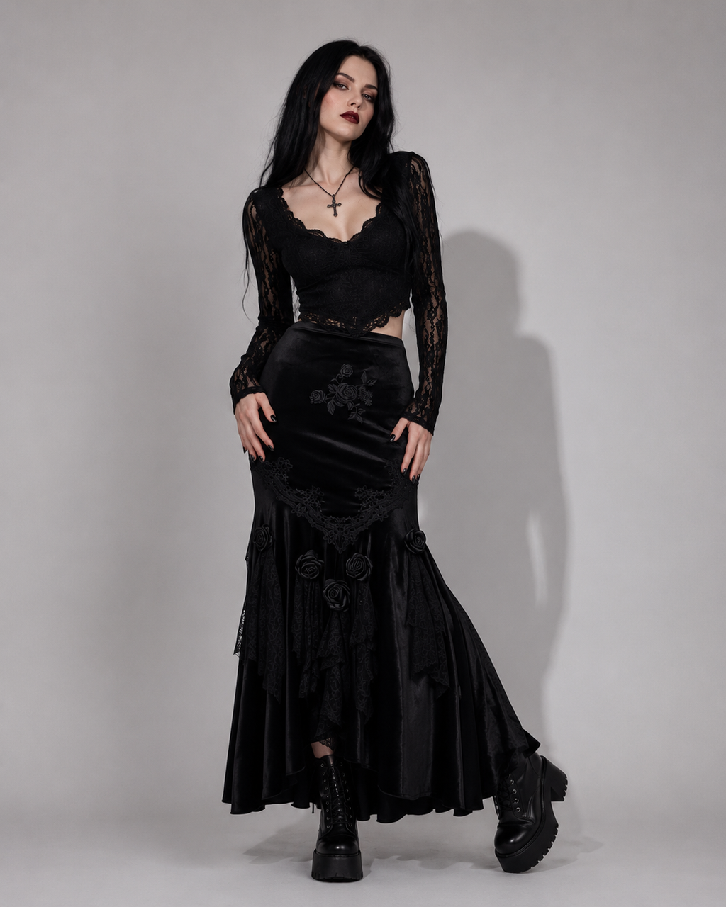 Romantischer Gothic-Maxirock | Midnight Rose Elegance | Dark Rose Spell