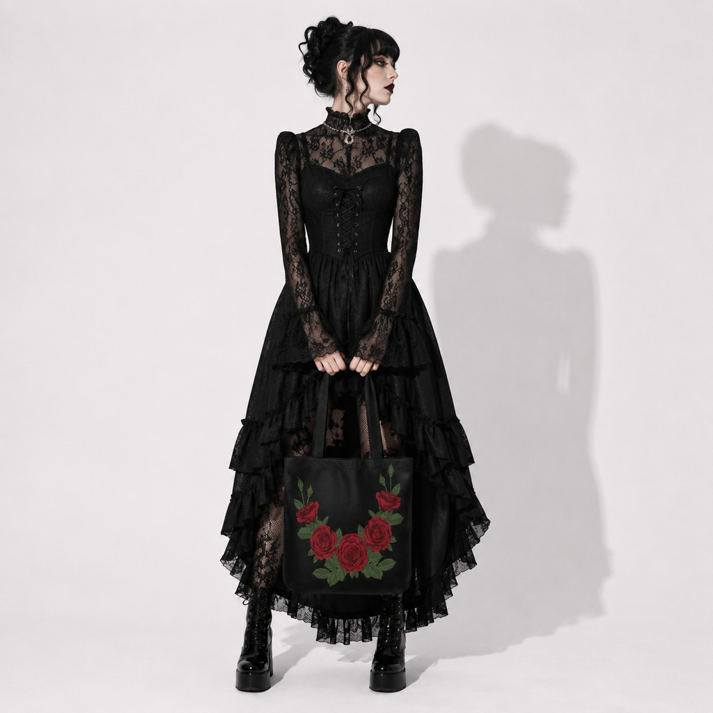 Gotische Tasche Victorian Skull Roses – Dunkle Tote Bag mit Totenköpfen und Rosen