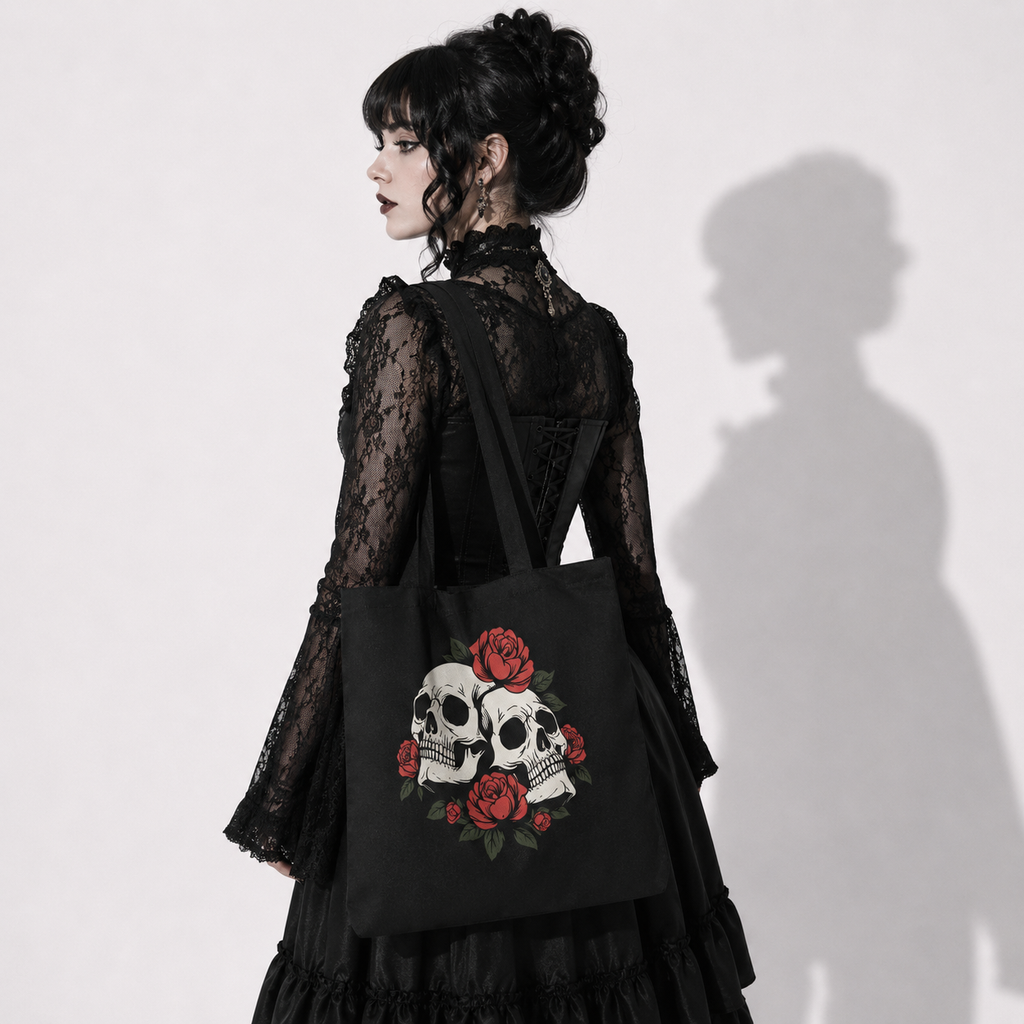 Gotische Tasche Victorian Skull Roses – Dunkle Tote Bag mit Totenköpfen und Rosen