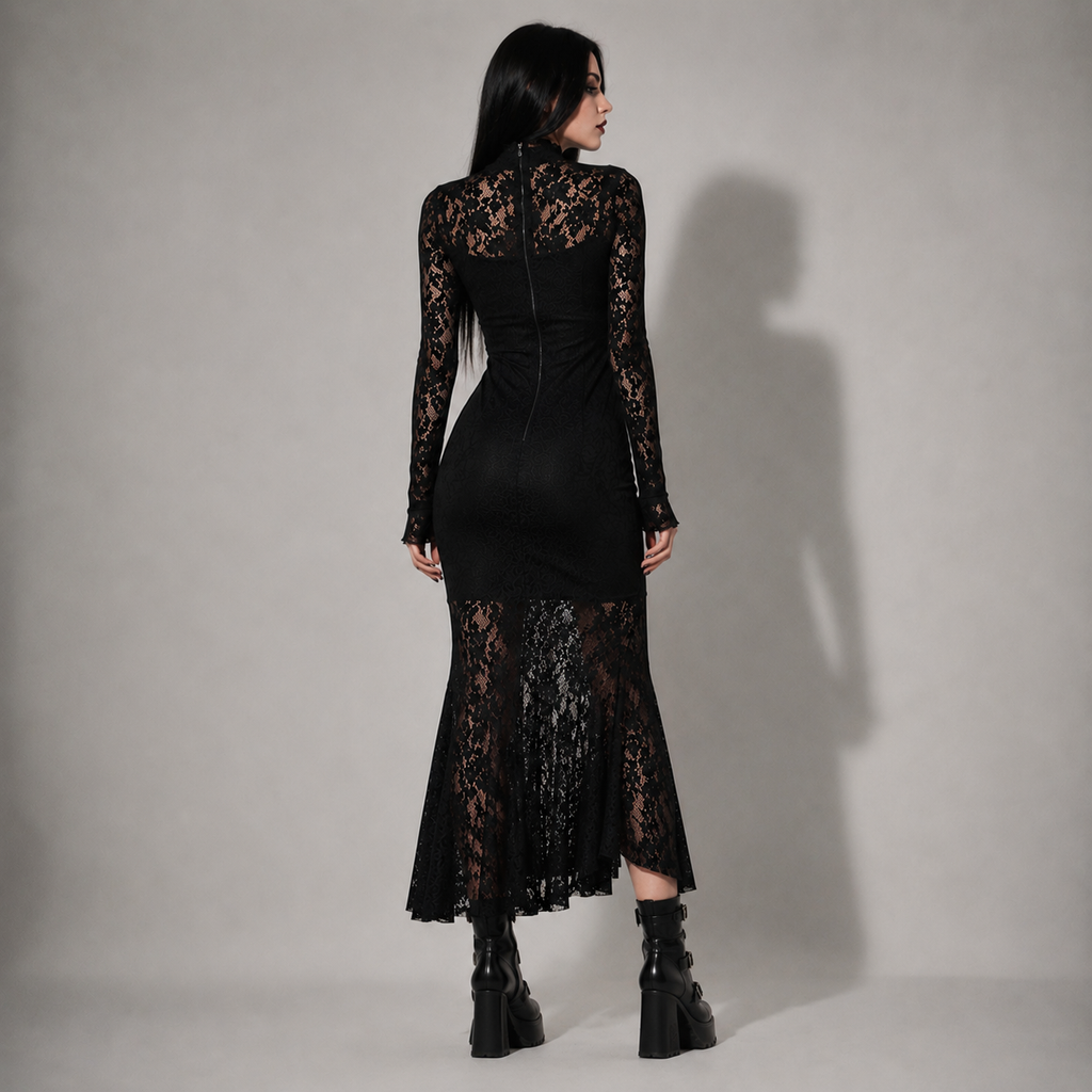 Gothic Spitzen-Maxikleid Romantic Gothic – Elegantes schwarzes Kleid mit langen Ärmeln