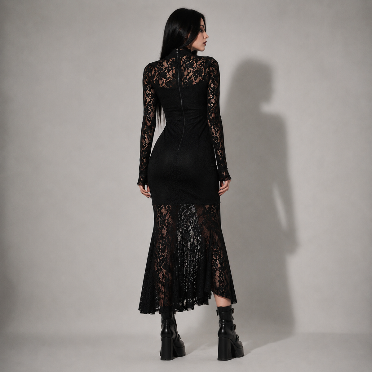 Gothic Spitzen-Maxikleid Romantic Gothic – Elegantes schwarzes Kleid mit langen Ärmeln