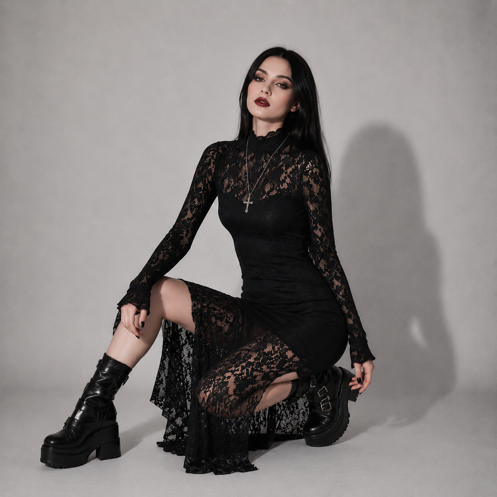 Gothic Spitzen-Maxikleid Romantic Gothic – Elegantes schwarzes Kleid mit langen Ärmeln