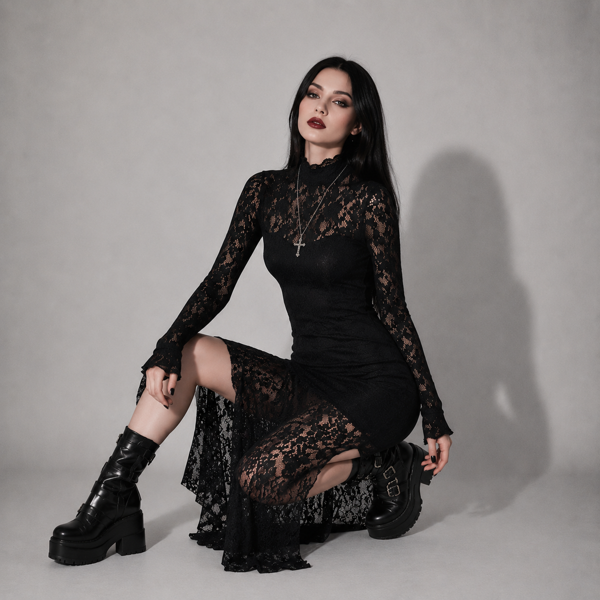 Gotisches Spitzen-Maxikleid Romantic Gothic – Elegantes schwarzes Kleid mit langen Ärmeln