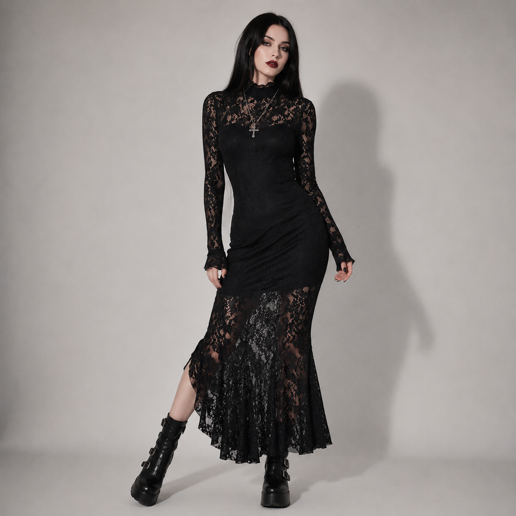 Gothic Spitzen-Maxikleid Romantic Gothic – Elegantes schwarzes Kleid mit langen Ärmeln
