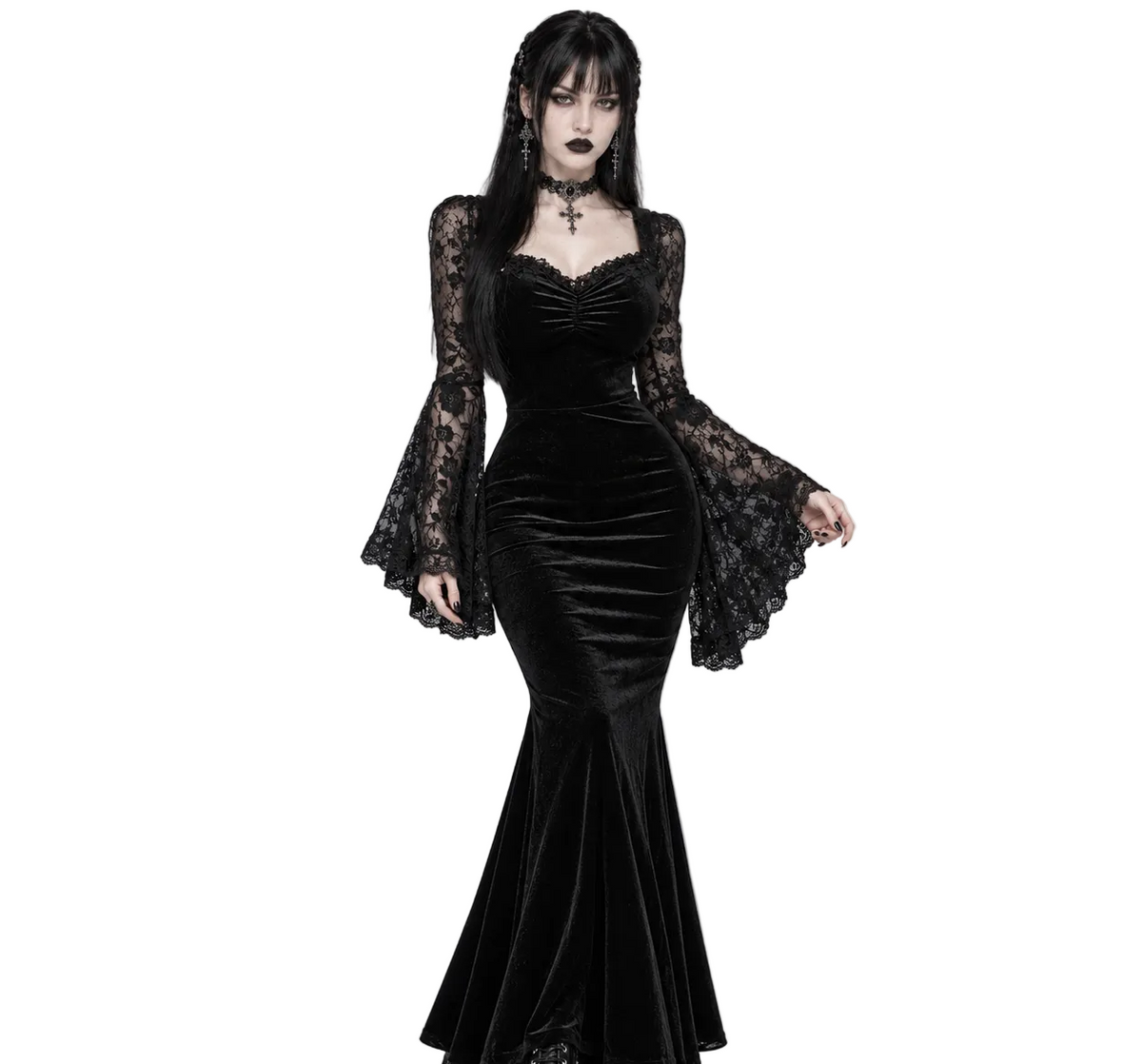 Romantic Witch Gothic Maxikleid | Black Nocturne – Mit Spitzenärmeln