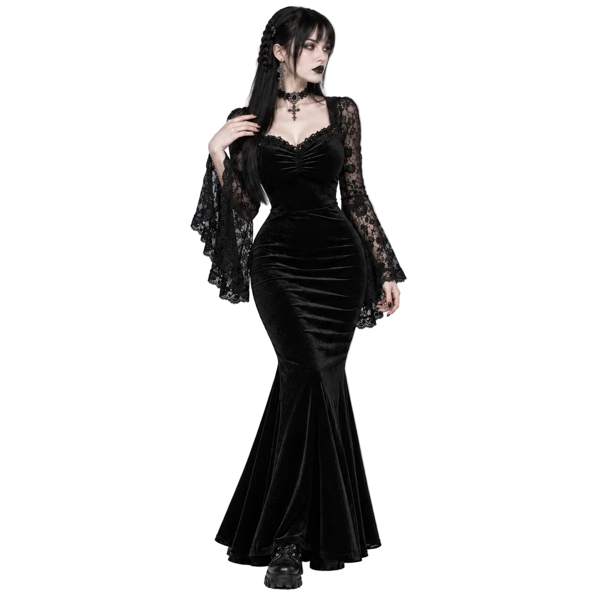 Romantic Witch Gothic Maxikleid | Black Nocturne – Mit Spitzenärmeln