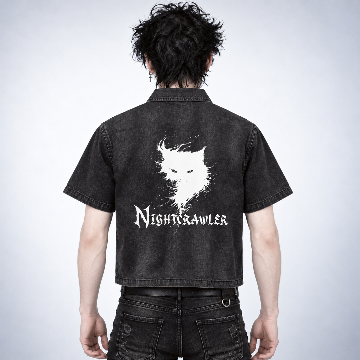 Herren Gothic Grunge Denimhemd mit Reißverschluss | NIGHTCRAWLER – Washed Black 285 GSM