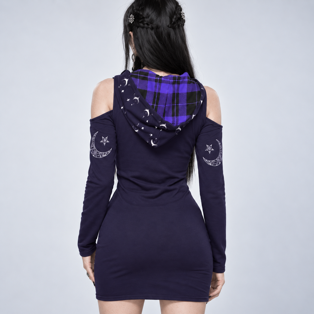 Gotisches Kleid mit Kapuze und schulterfrei | Okkultes Katzensiegel | 230 GSM