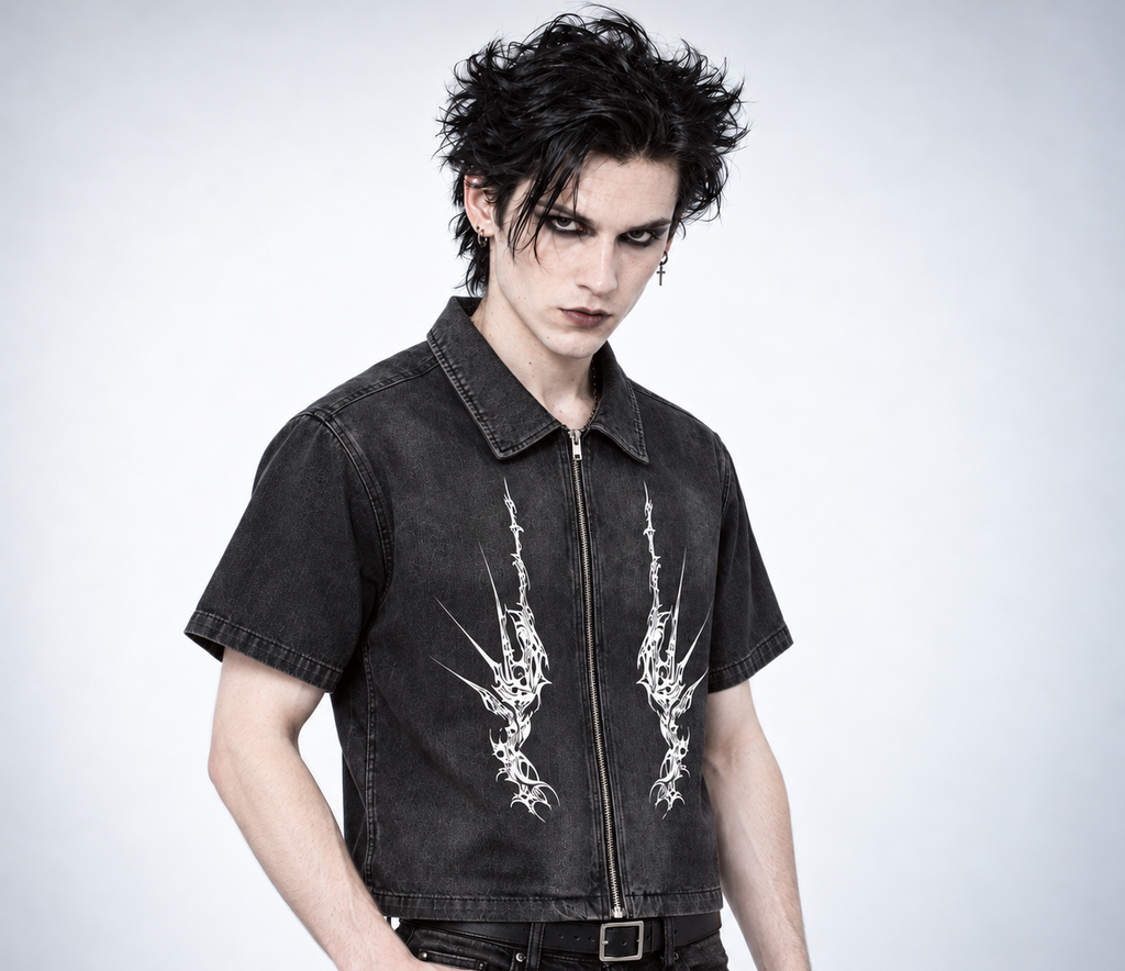 Herren Gothic Grunge Denimhemd mit Reißverschluss | NIGHTCRAWLER – Washed Black 285 GSM