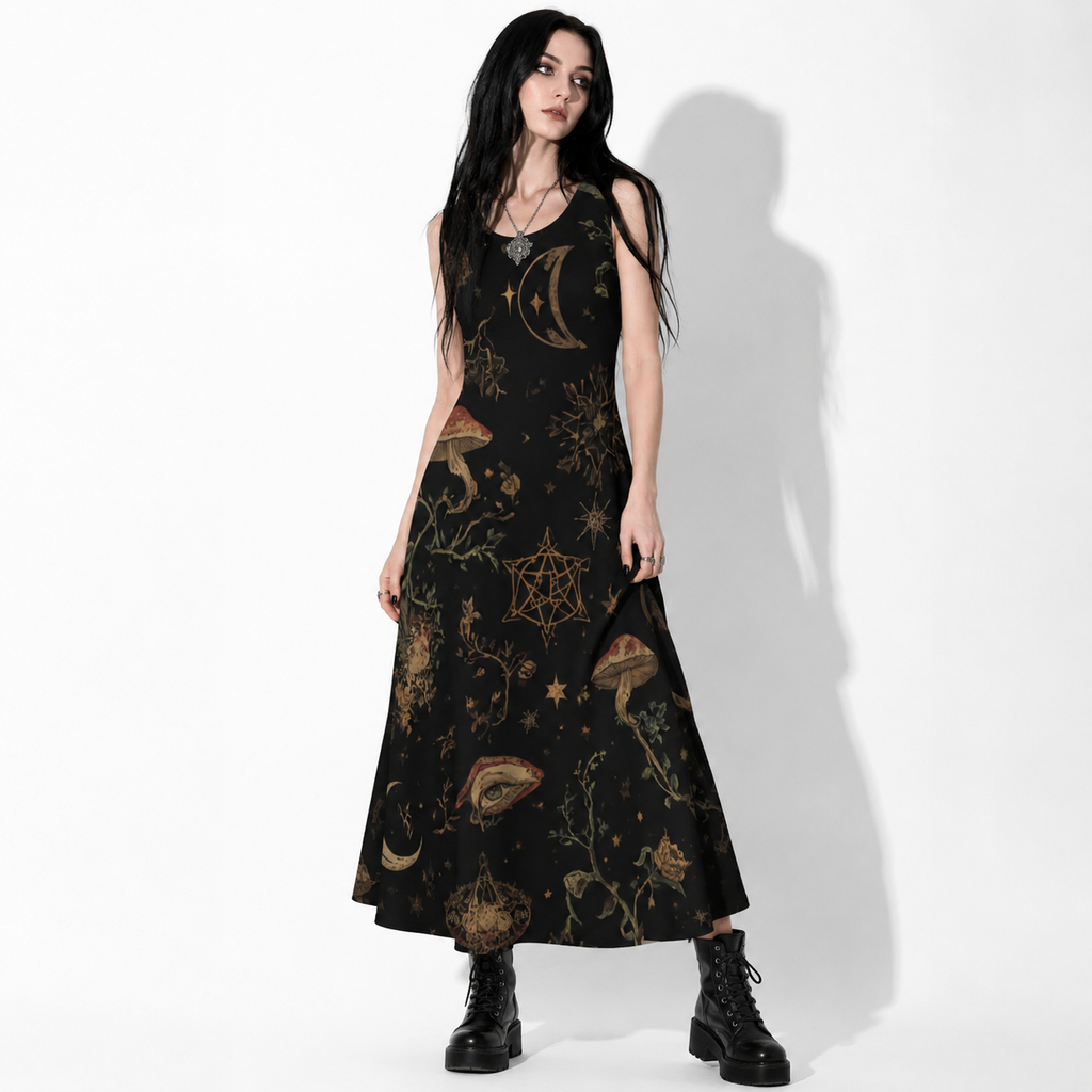 Whimsigoth Damen-Maxikleid | Moonlit Ritual Garden – Witchcore & Dark Cottage Baumwollkleid