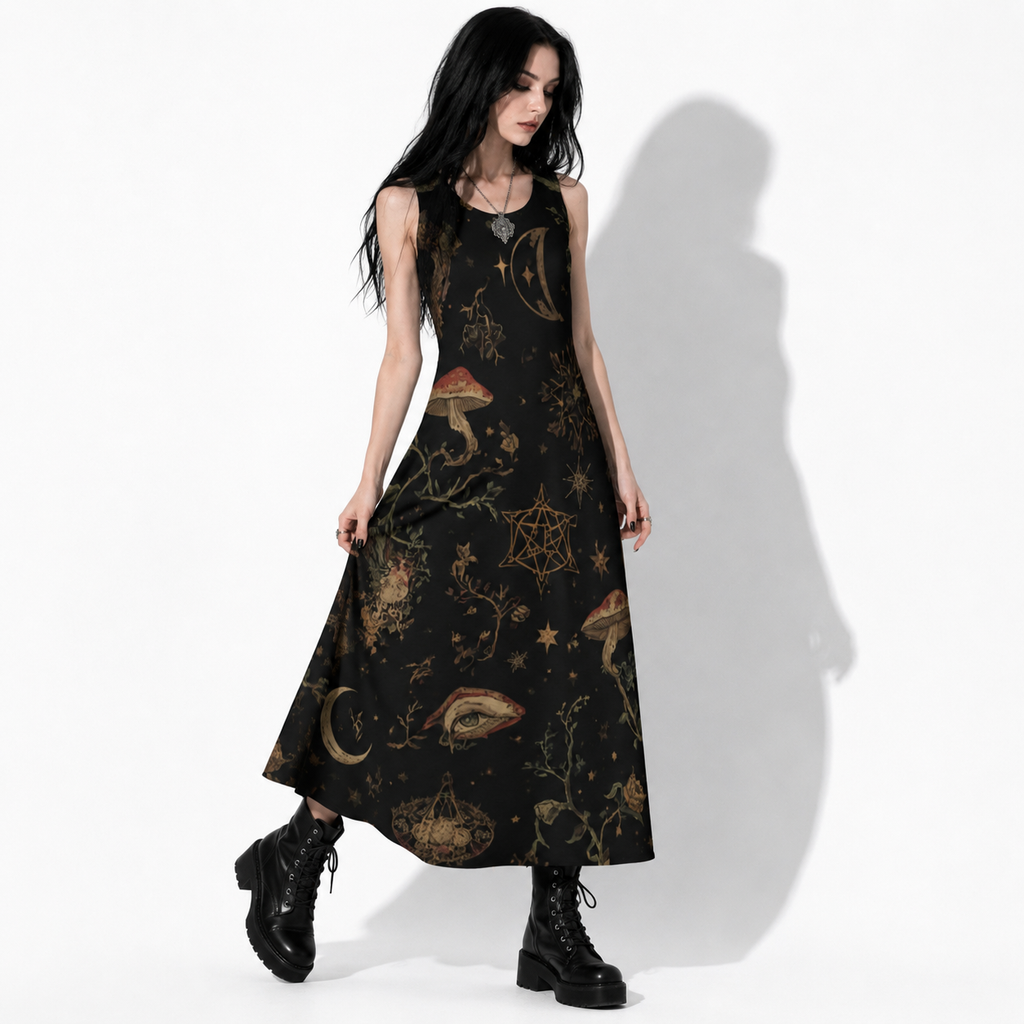 Whimsigoth Damen-Maxikleid | Moonlit Ritual Garden – Witchcore & Dark Cottage Baumwollkleid