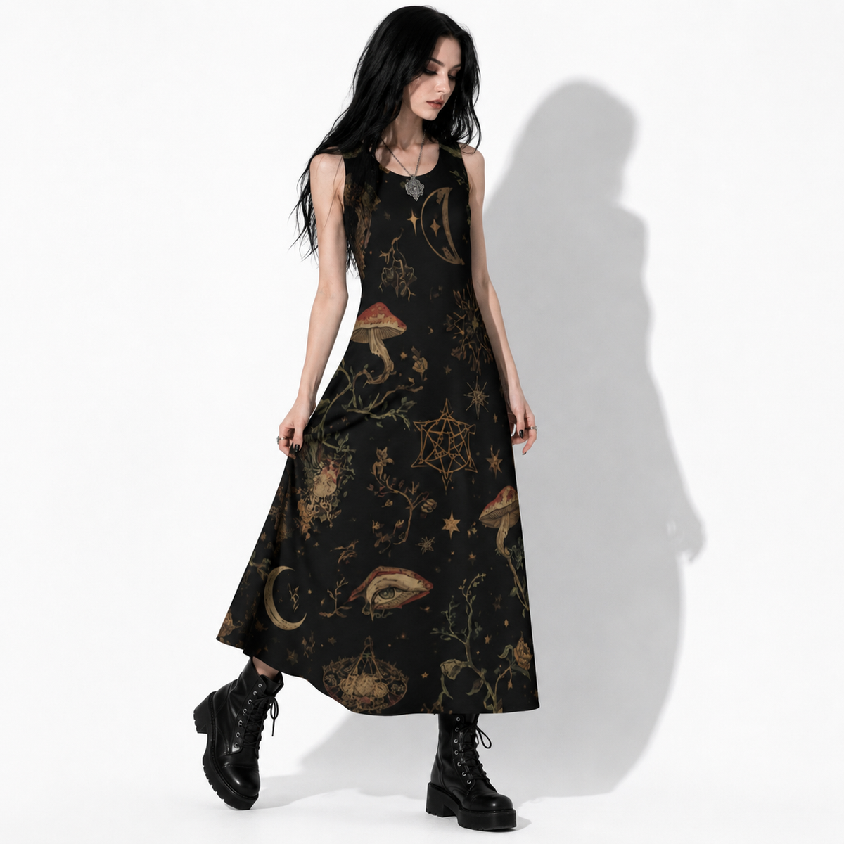 Whimsigoth Damen-Maxikleid | Moonlit Ritual Garden – Witchcore & Dark Cottage Baumwollkleid