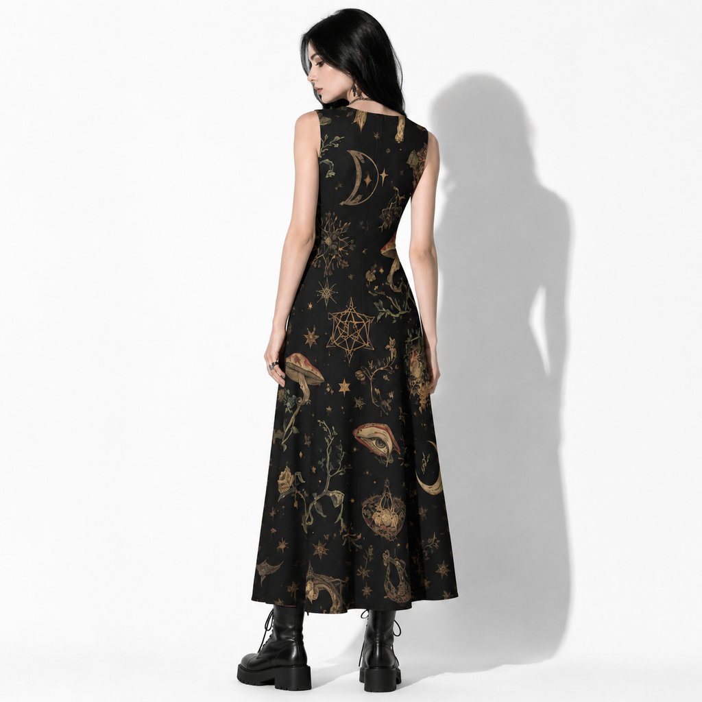 Whimsigoth Damen-Maxikleid | Moonlit Ritual Garden – Witchcore & Dark Cottage Baumwollkleid