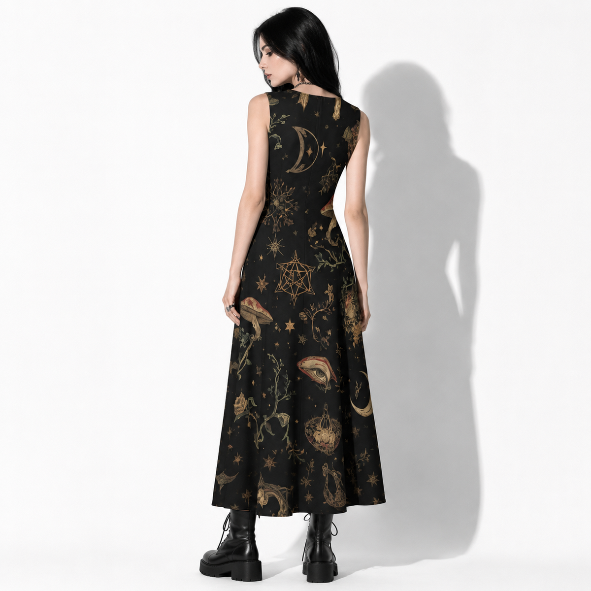 Whimsigoth Damen-Maxikleid | Moonlit Ritual Garden – Witchcore & Dark Cottage Baumwollkleid