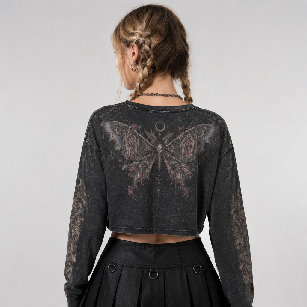 Gotisches Langarm-Crop-Top Forest Rot Moth | Witchcore Wicca | 100% Baumwolle