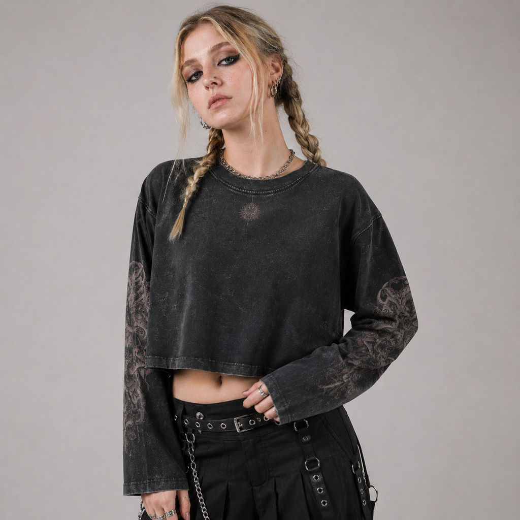 Gotisches Langarm-Crop-Top Forest Rot Moth | Witchcore Wicca | 100% Baumwolle