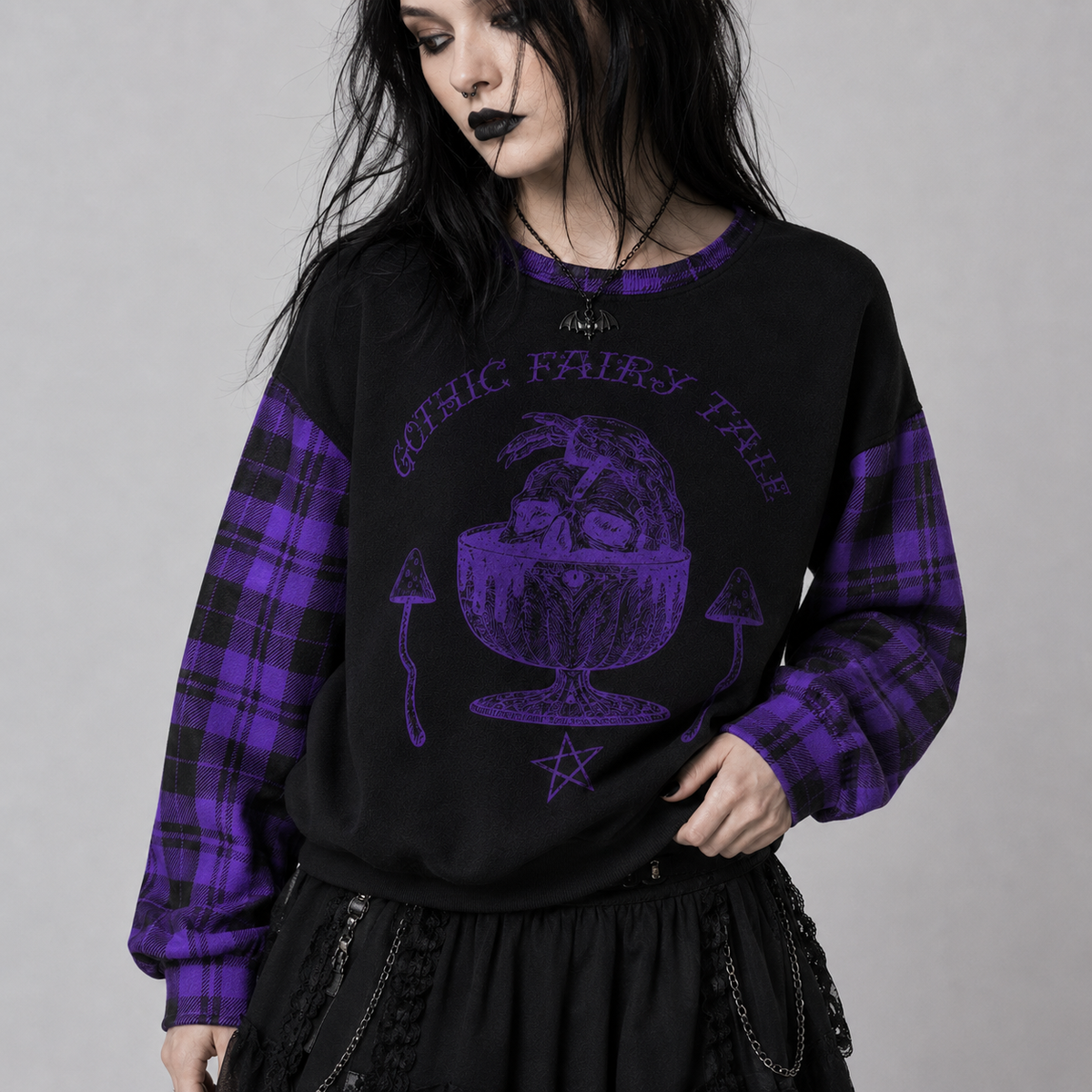 Gothic-Pullover Witchcore Purple Tartan | Midnight Coven | 280 GSM