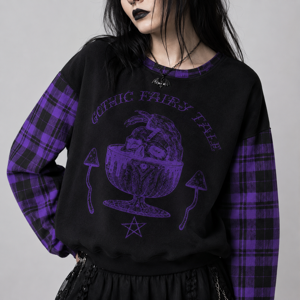 Gothic-Pullover Witchcore Purple Tartan | Midnight Coven | 280 GSM