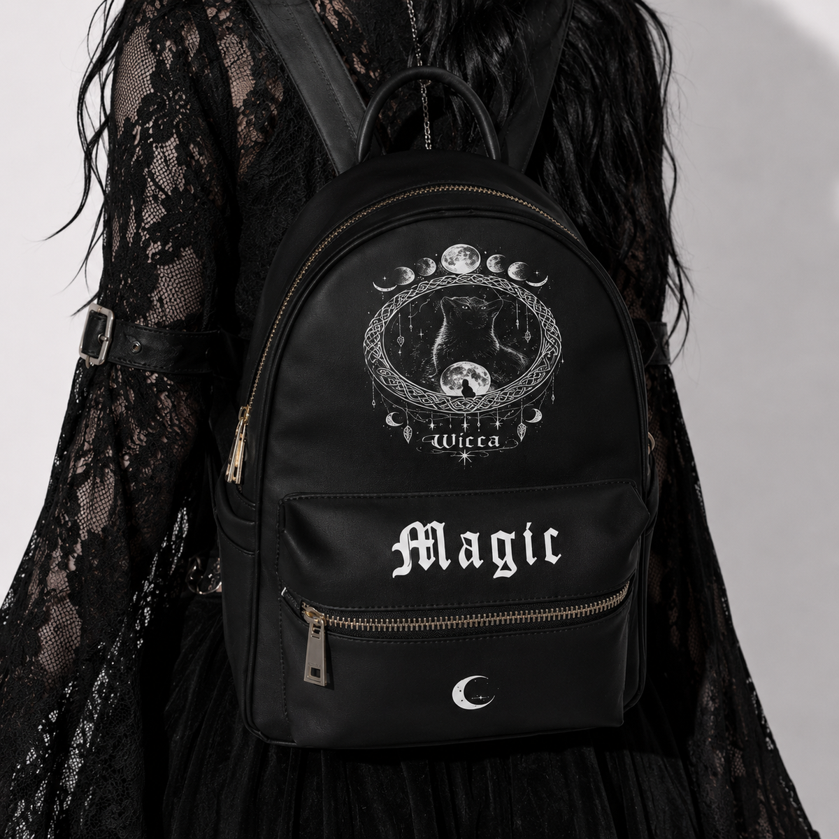 Gotischer Wicca-Zauber-Rucksack – Schwarzer Gothic-Rucksack Witchcore Mond | Dark Aesthetic Tasche