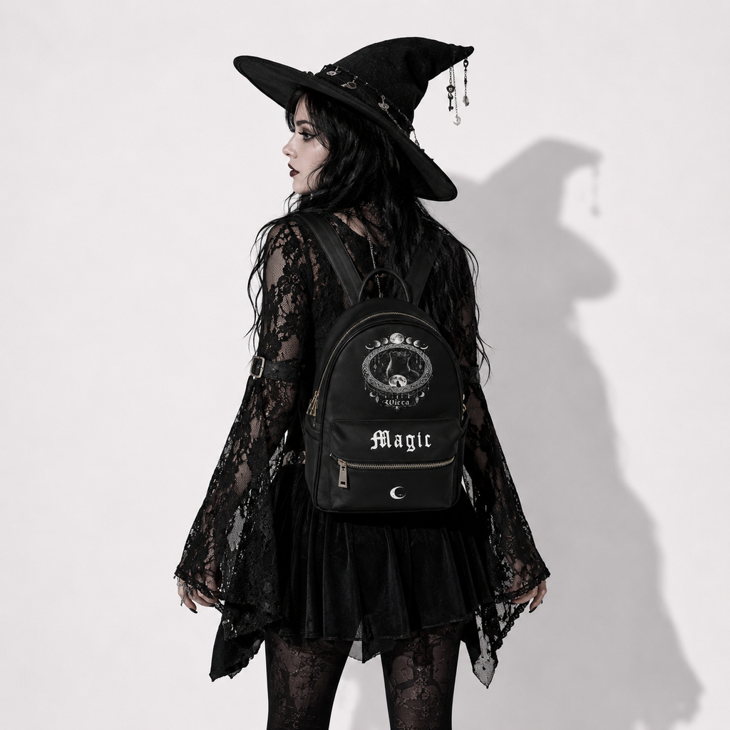 Gothic Wicca-Zauber-Rucksack – Schwarzer Gothic-Rucksack Witchcore Mond | Dark Aesthetic Tasche